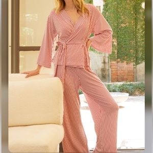LAKE Red Stripe DreamKnit Kimono lake Pajama Set.